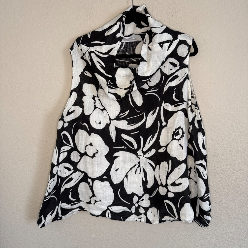 Bryn Walker Lagenlook Coastal Linen Black Floral Cowl Neck Top Large Artsy Boho